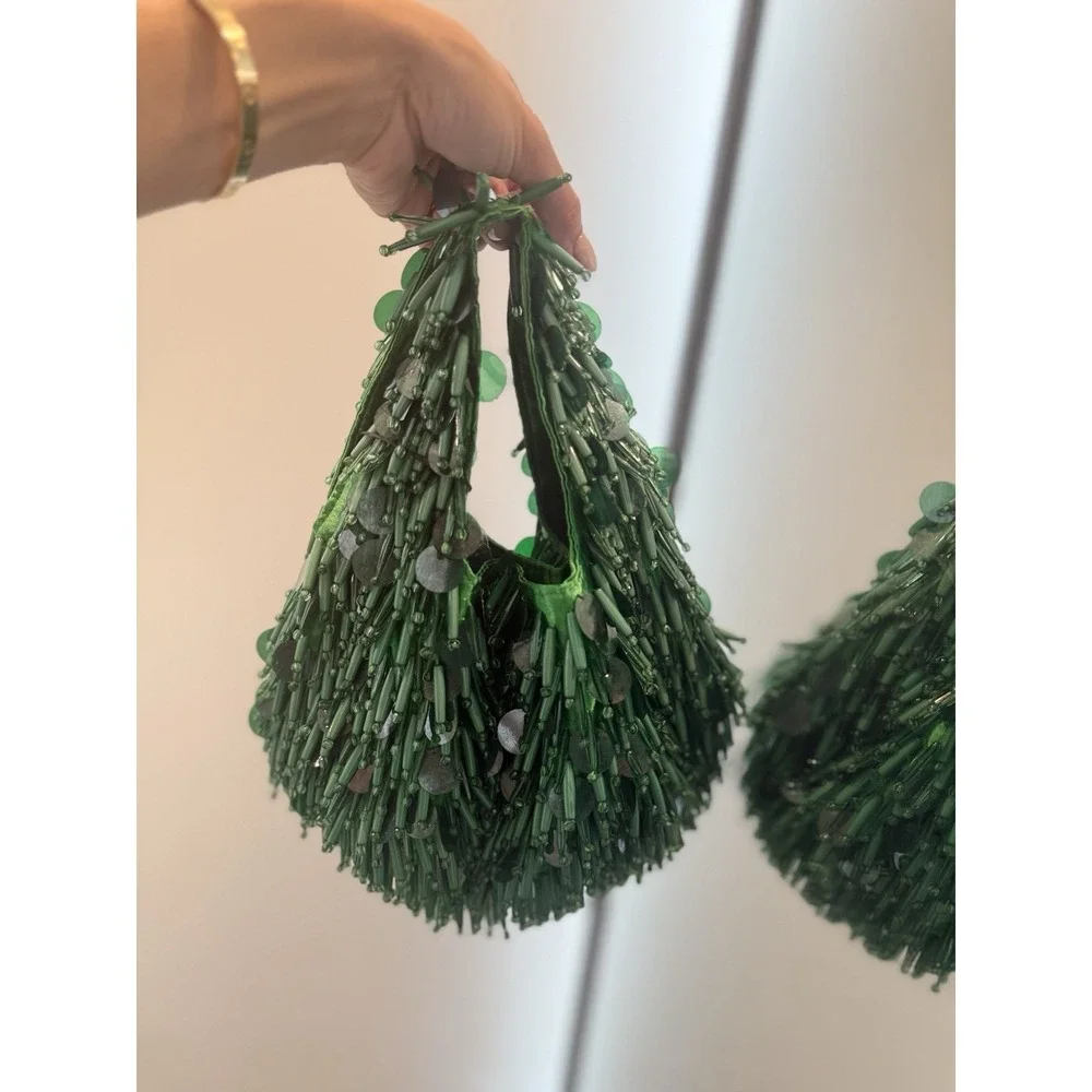Zara Green Beaded Sequin Satin Statement Glam Hobo Handbag Evening Purse Bag